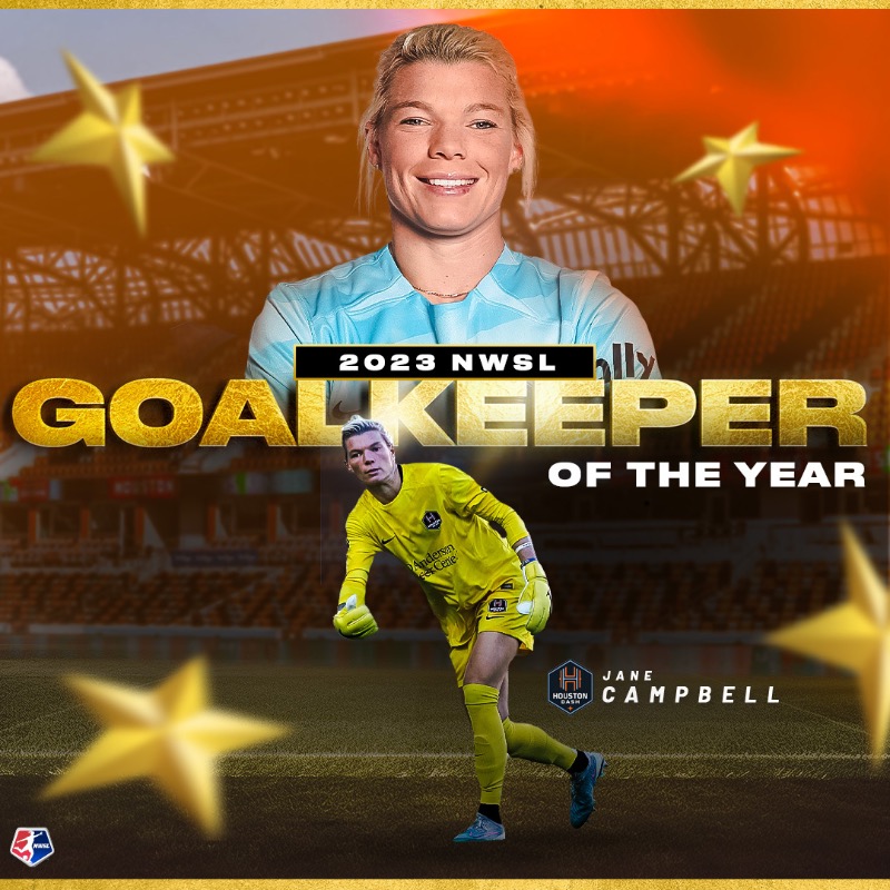 NWSL's tweet photo. The NWSL leader in saves, fewest goals conceded, and goals against average.

@jane_campbell1 is the 2023 Goalkeeper of the Year! 🧤