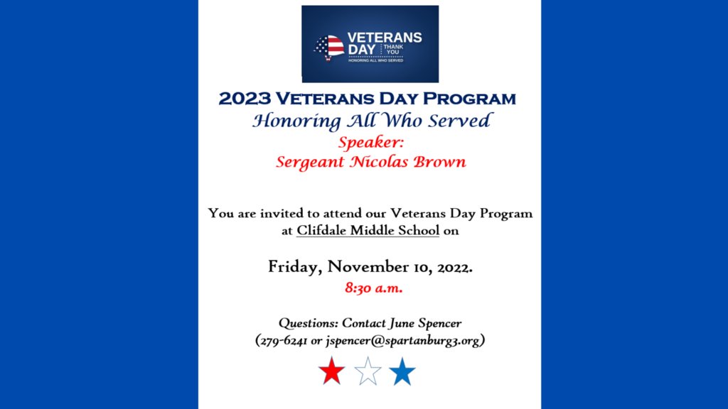 Our Veterans Day program is this Friday, November 10, at 8:30 a.m.