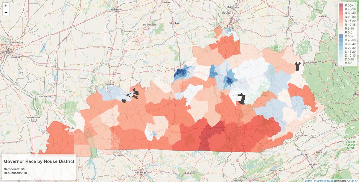 rkahne's tweet image. With the extreme gerrymander the GOP passed in 2022, even with a nearly 60K vote win, Governor Beshear won 50 House seats. (Map isn't perfect, sorry)