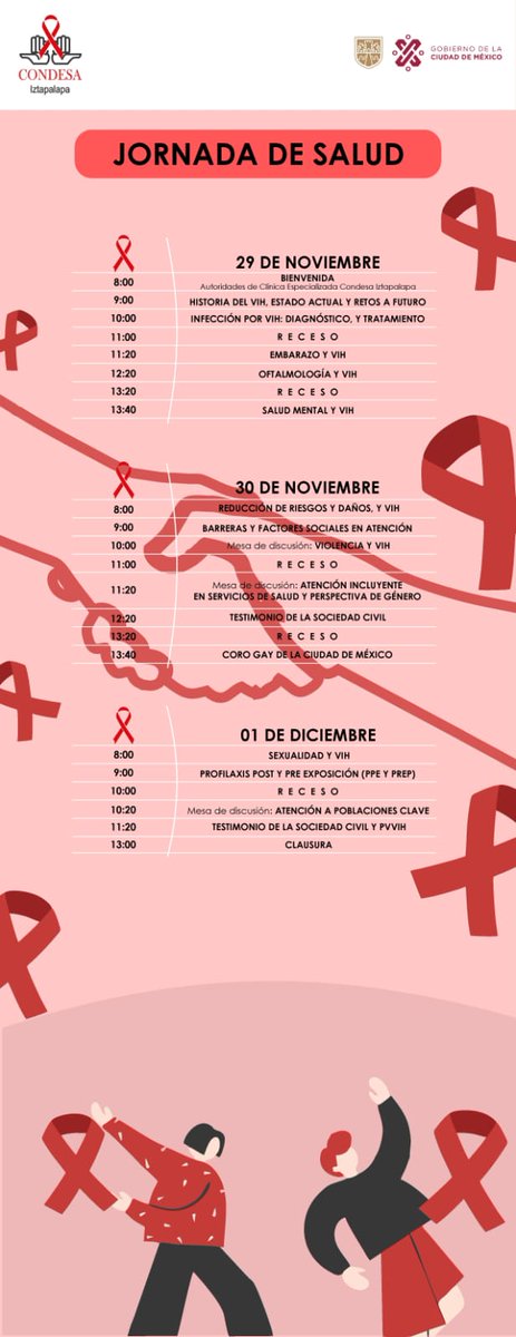 En conmemoración del 1 de diciembre Día Mundial de la respuesta al VIH/SIDA <a href="/CdmxClinica/">ClínicaCondesaCDMX</a> Iztapalapa invita a la jornada de salud que se llevará a cabo.

👏👇🏳️‍⚧️🏳️‍🌈🫶