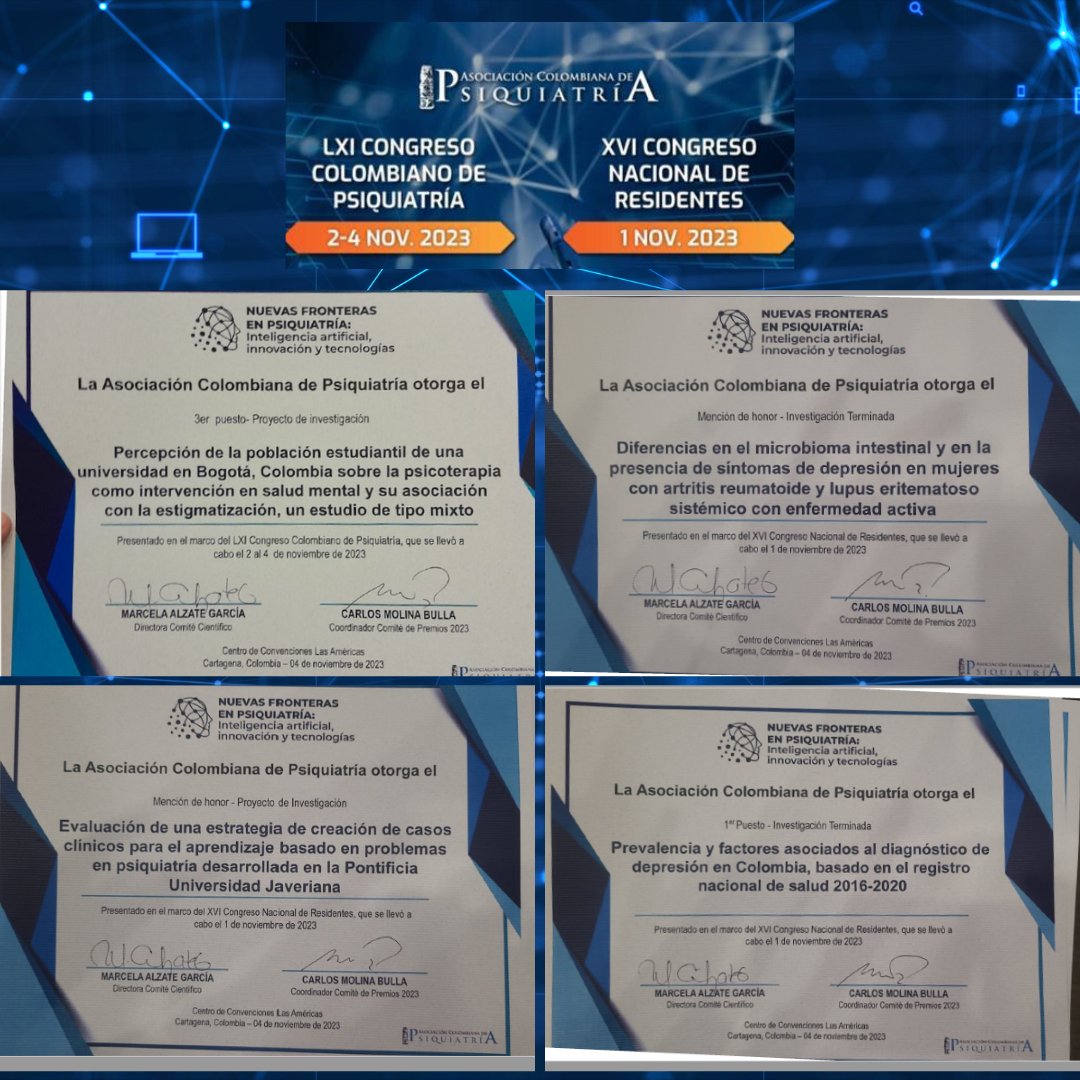 MedicinaPUJ's tweet photo. Felicitamos al Depto. de Psiquiatría y Salud Mental PUJ por su destacada participación en el LXI Congreso Colombiano de Psiquiatría y el XVI Congreso Nacional de Residentes. Durante el evento, recibieron 8 reconocimientos, incluyendo trabajos de investigación y menciones de honor https://t.co/ml7QGdQSa4