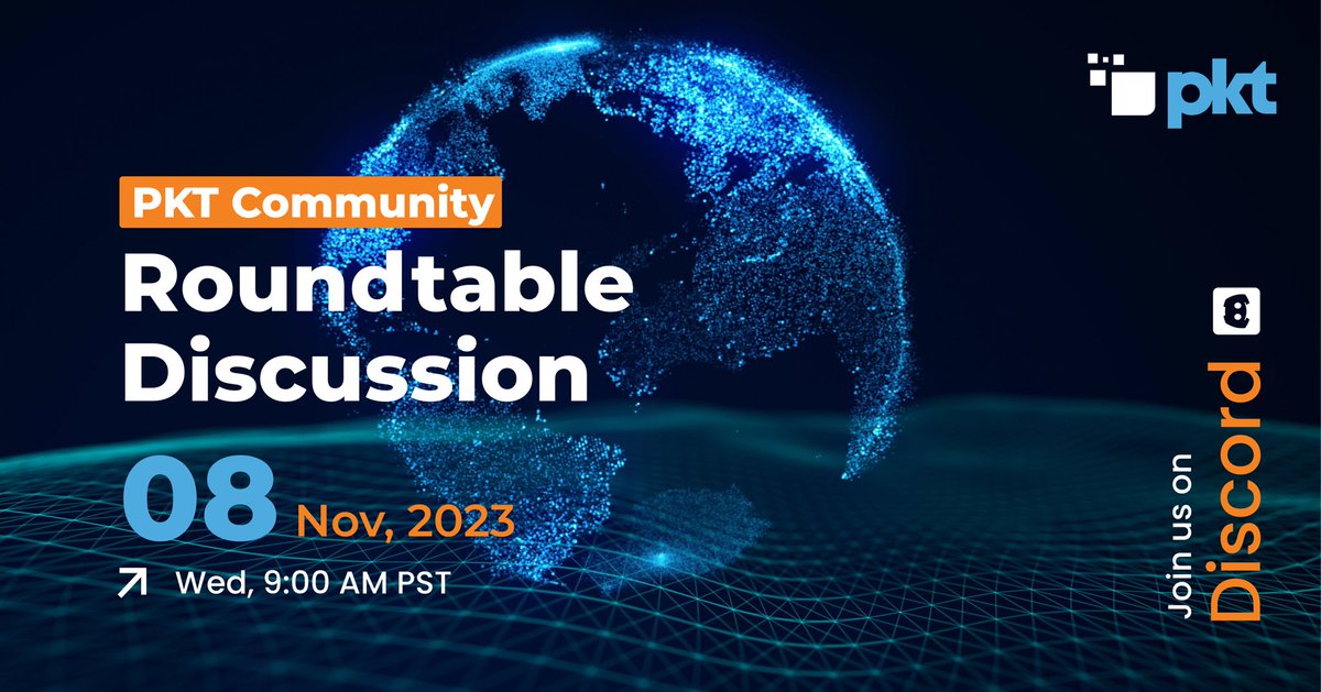 pktcash's tweet image. Join us for the PKT Community Roundtable today, Nov 8 at 9am PST. 
discord.com/events/7972513… #pktarmy #Blockchain #decentralized #web3