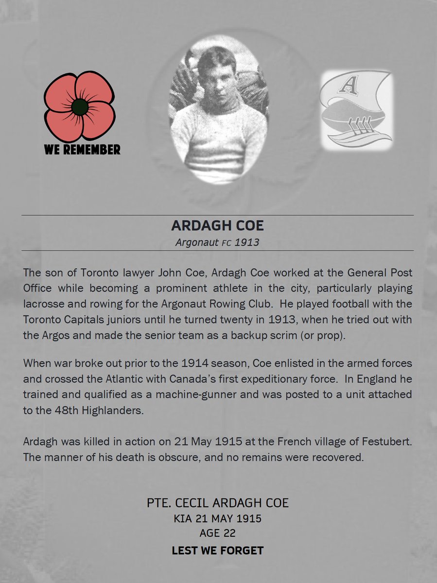 BygoneBoatmen's tweet photo. Ardagh Coe was an Argonaut prospect fated to play just one season in Double Blue. Remarkably, he was killed on the same day, and in the same fighting, as his teammate Art Muir β for whom he had subbed in in 1913.
#Argos150 #PullTogether
#myfamilyinuniform @CDNForceSupport https://t.co/QB0fVJylWV