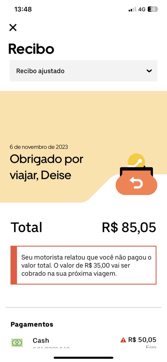 _deisemarques's tweet photo. @Uber_Brasil sou cliente já tem um tempo nunca tive problema em relação de pagamento, mas já aconteceu dois episódios que está deixando a Uber sem credibilidade, fiz uma viajem segunda paguei em dinheiro ( 100,00 ) recebi o troco de 15,00 e agora conta que devo https://t.co/wBFqBJplYU