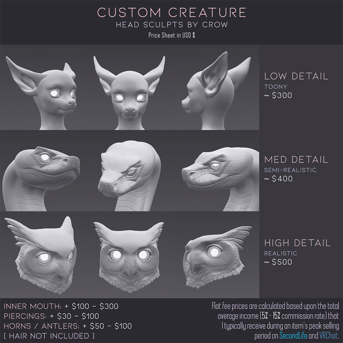 plaguedapper's tweet photo. There's been a curious uptick in fellow critter-creators wondering what my prices are for custom head sculpts, so I've finally made a pricing sheet. I may open for one slot this month, so stay tuned. ♥️ https://t.co/Cw4fy1PuXb