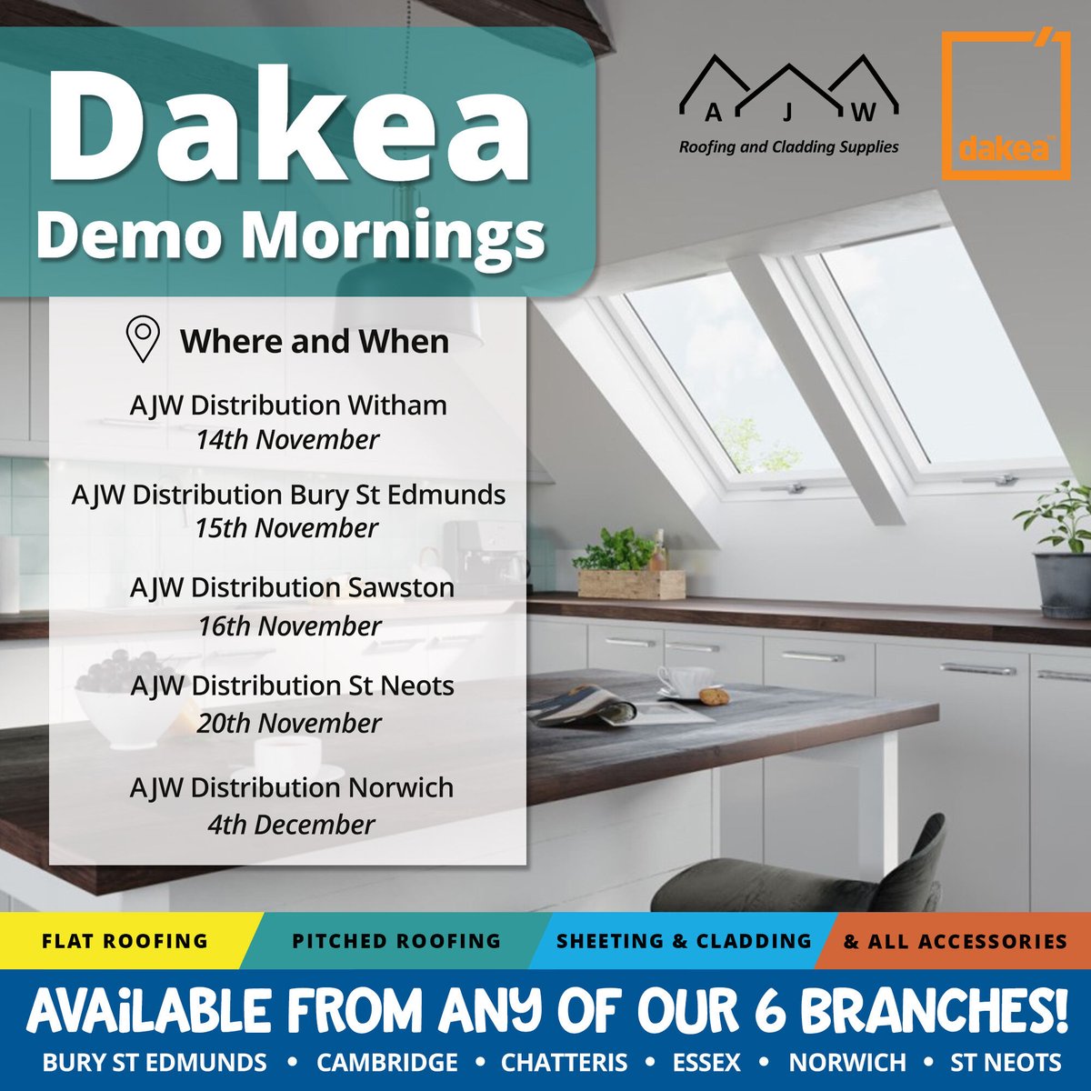 AJWDistribution's tweet image. ⚡Dakea Demo Mornings⚡

We have some exciting dates coming up at our depots this month to showcase our BRAND NEW Dakea Roof Window range 😍

Come along to your local depot on the dates below to find out everything you need to know about Dakea 🧡💙

#AJWDistribution #Dakea