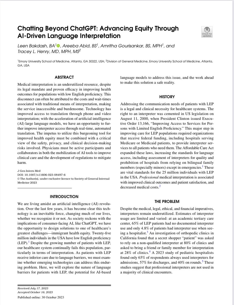 docwithapurpose's tweet photo. Chatting beyond #ChatGPT #largelanguagemodels #LLMs #medicalinterpretation for persons with Non-English language preference, also referred to as limited English proficiency #AI #healthpolicy #equity @SocietyGIM https://t.co/JutCRV0iAn