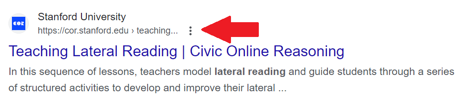 A @google search feature helps you do #lateralreading online i.e. first checking what others say about an unfamiliar source of information: Using the three dots next to a search result you can get additional information about it. Great way to #boost your internet decision-making.
