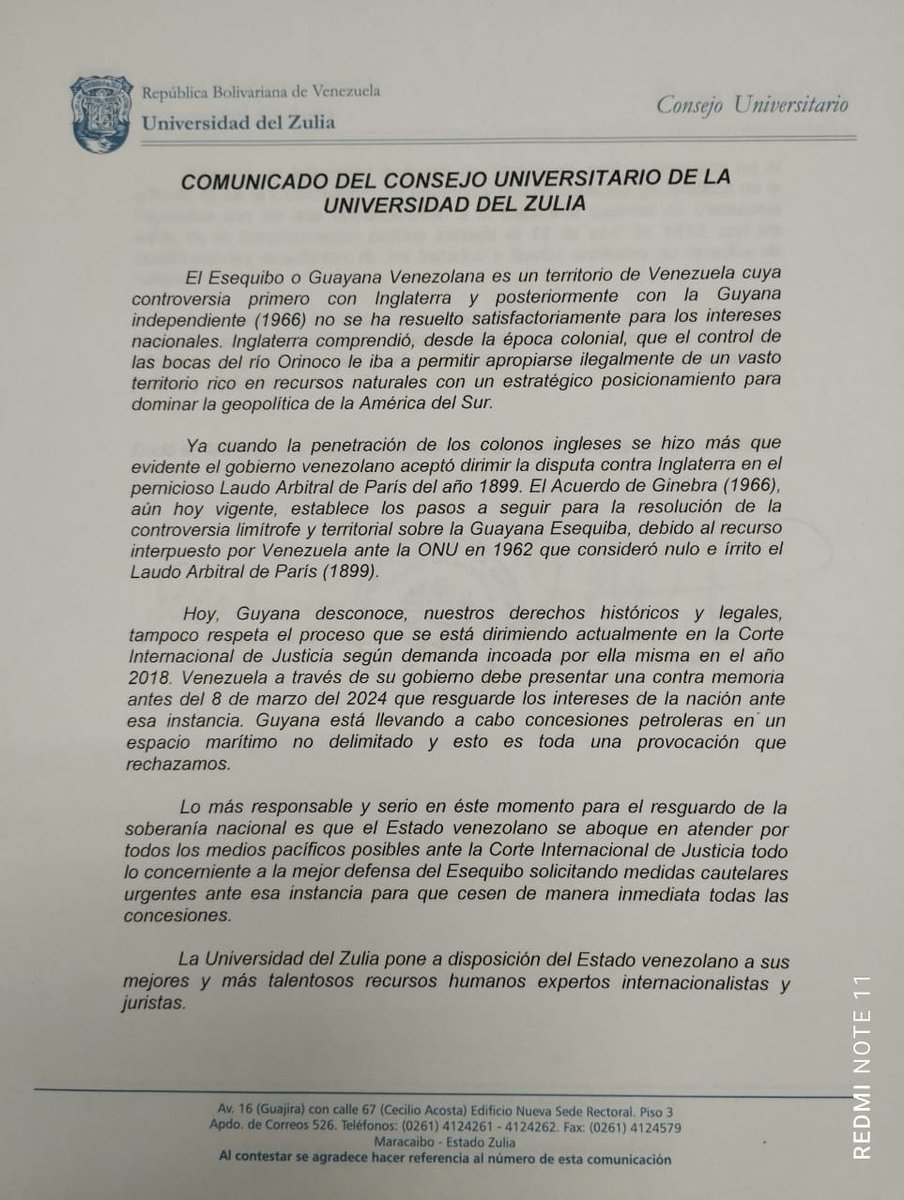 Consejo Universitario de la Universidad del Zulia se pronuncia sobre la actual controversia en torno al Esequibo y reitera los derechos históricos y jurídicos que corresponden a Venezuela sin ningún titubeo. Y pone sus mejores talentos humanos al servicio de esta causa.