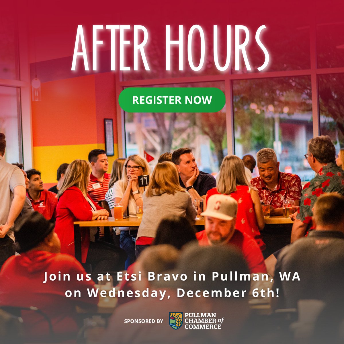 Join us for our next After Hours networking event on December 6th at Etsi Bravo 🎄 Mark your calendar &amp; register today!

We're also hosting an optional White Elephant Gift Exchange 🎁 So bring a wrapped item from a Coug business!

Register: bit.ly/3FLN2jF
<a href="/PullmanChamber/">Pullman Chamber and Visitor Center</a>