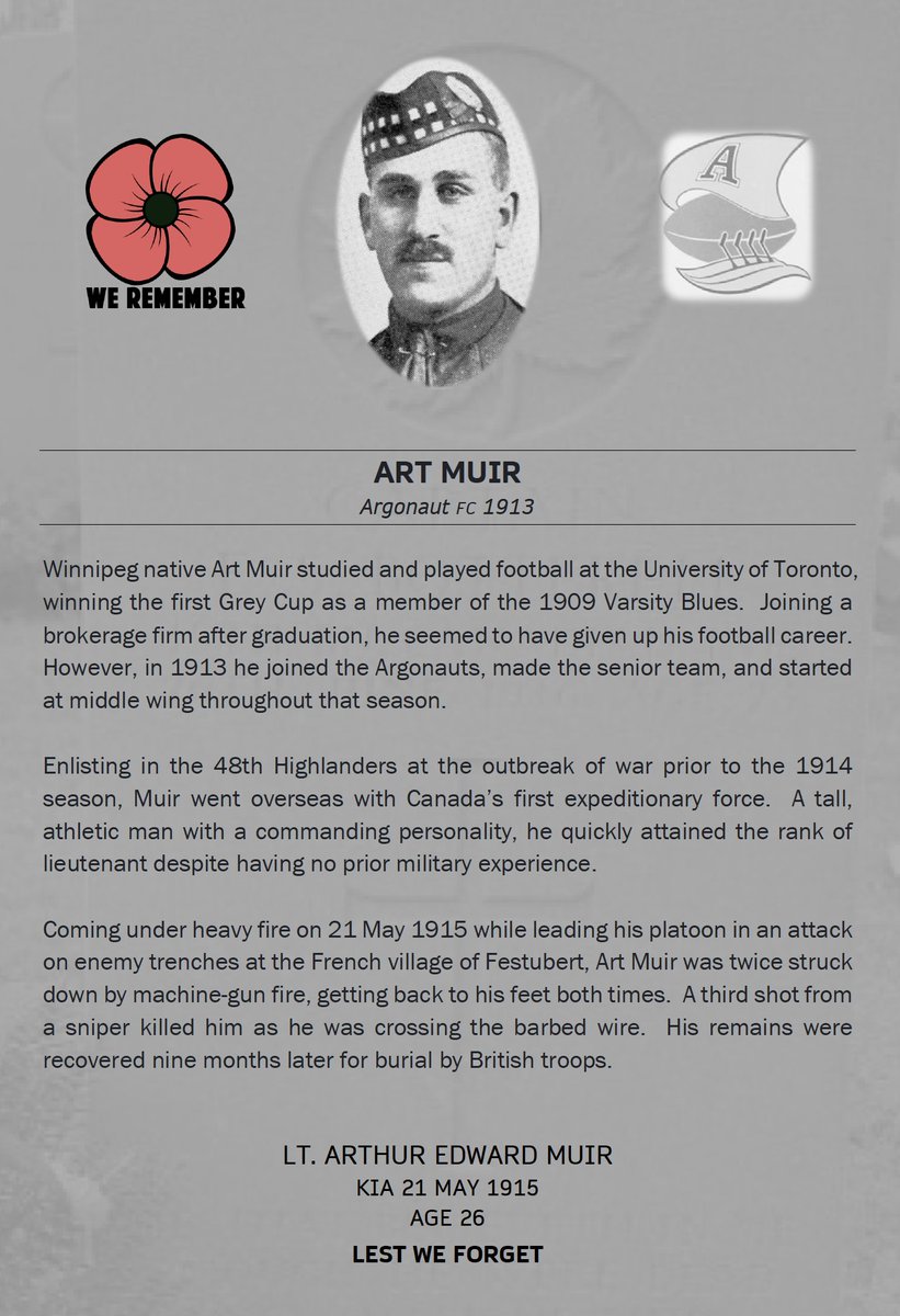 BygoneBoatmen's tweet photo. Art Muir won the Grey Cup with @UofTBluesFB the first time it was awarded in 1909. Remarkably, he was killed on the same day, and in the same fighting, as his teammate Ardagh Coe β who had subbed in for him in 1913.
#Argos150 #PullTogether
#myfamilyinuniform @CDNForceSupport https://t.co/6hPghYHpyx