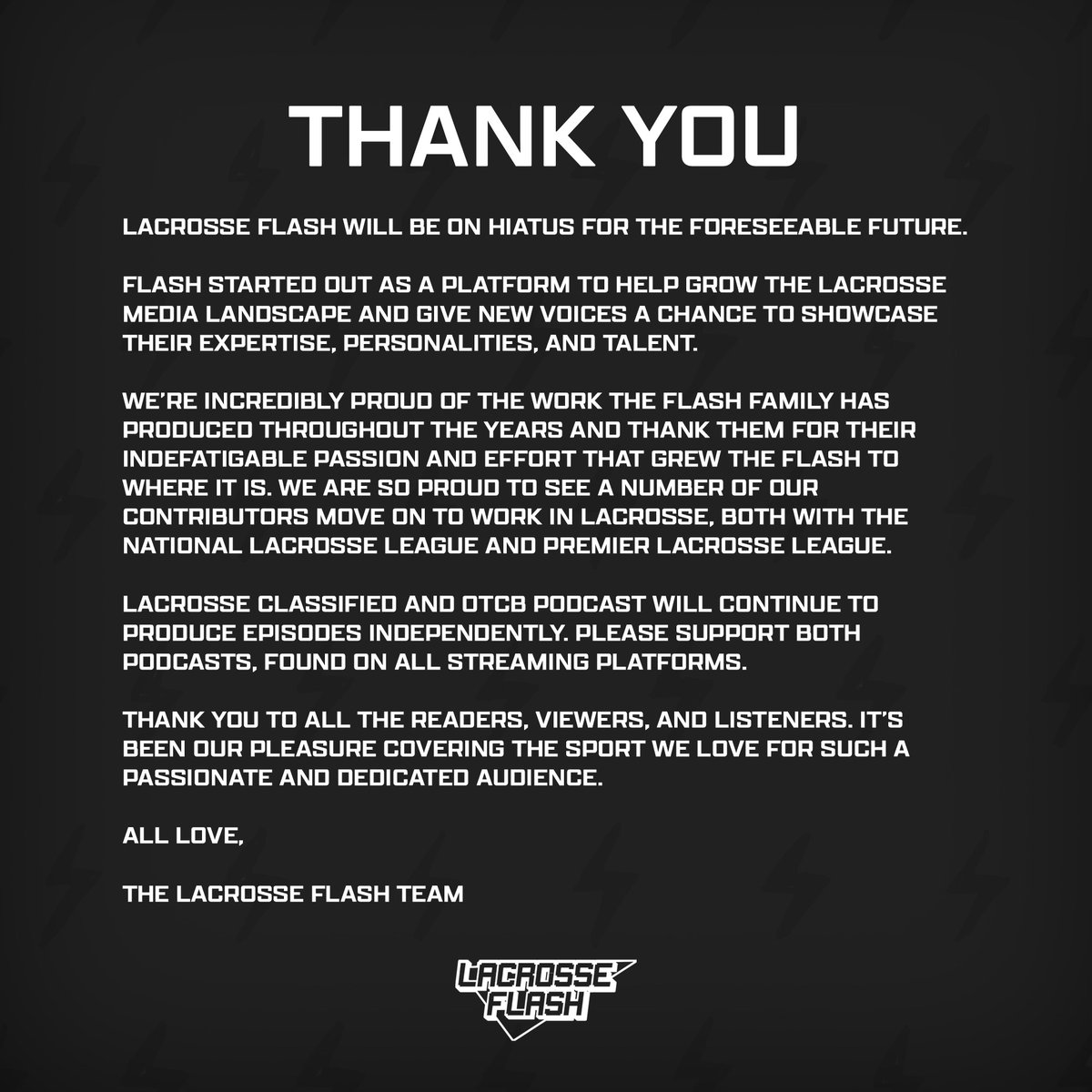 A message from the Lacrosse Flash team

Thank you 🙏