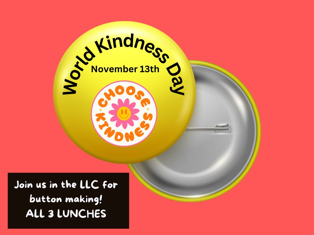 MsRacheleLaNeve's tweet image. Thank you to our #LibraryTechnician Ms. Amodio for organizing a Button Making activity centered around #kindness #growthmindset and #CatholicValues for #WorldKindnessDay @WKMovement 
@StElizabeth2013 Panthers, pass by the #LLC on Monday during all 3 lunches to make a button!