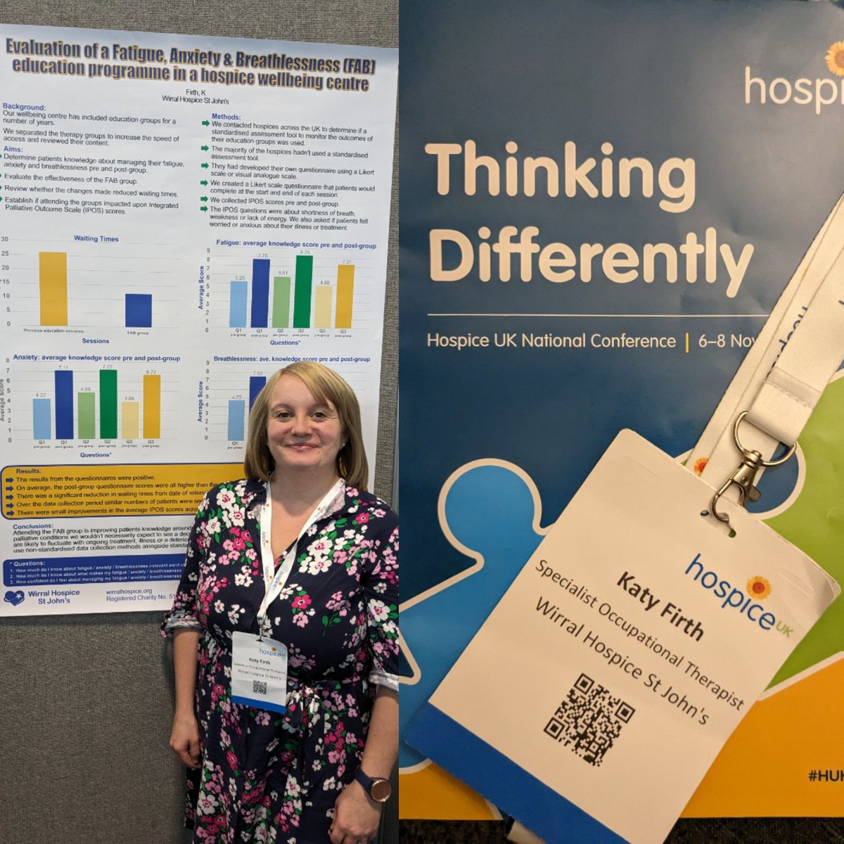 KatyFirth1408's tweet photo. Enjoyed attending the Hospice UK conference this week it was a great chance to share the work we have been doing @wirralhospice and network with other professionals 🗣️💭 #huk2023 #FABgrouposter #occupationaltherapy https://t.co/J4HNjWla7o