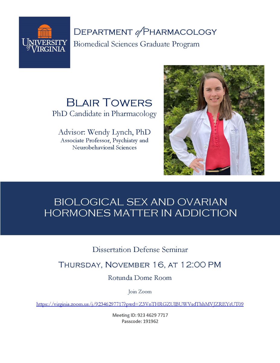 Please come out and support Blair Towers and her Advisor, Dr. Wendy Lynch as she presents her dissertation defense Thursday, November 16 at 12PM....way to go Blair! Pharm is proud of you!