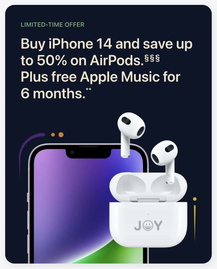 LatestupdateI's tweet image. Apple Diwali Offer: Get AirPods At 50 Percent Off On Purchase Of iPhone 14, iPhone 14 Plus

amzn.to/465O8l1

#iPhone #Apple
#iPhone14 #iPhone14plus