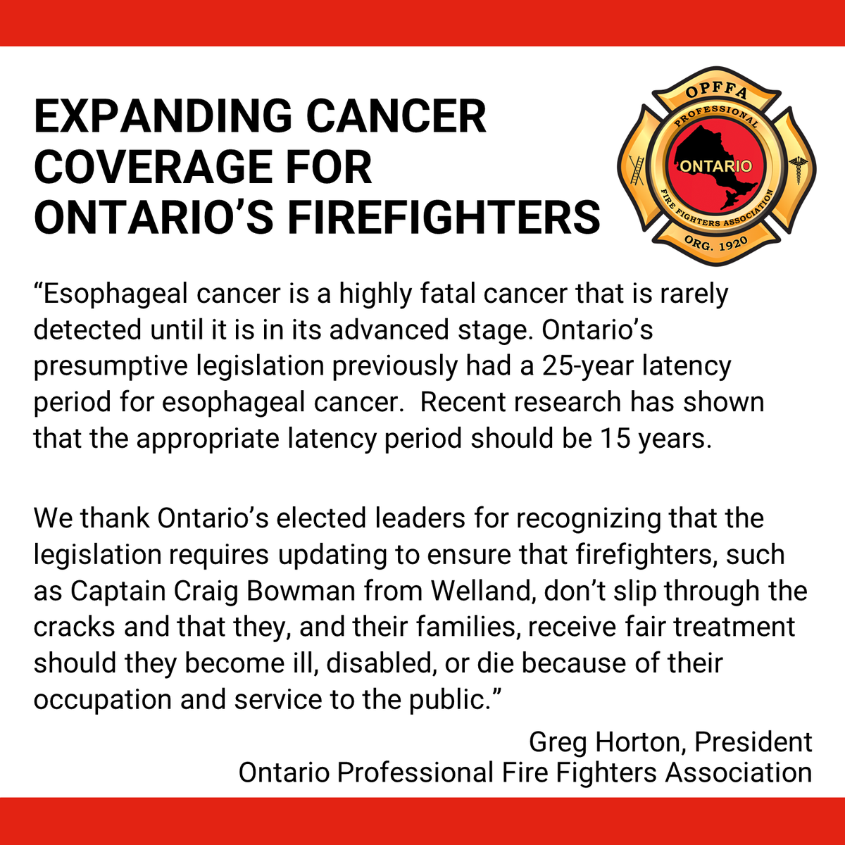 opffa's tweet photo. Thank you @fordnation  @DavidPiccini  @MPPKerzner for ensuring that firefighters, and their families, are protected should they become ill, disabled, or die because of their occupation.
#ONpoli @IAFFCanada https://t.co/T1X4tuAHOS