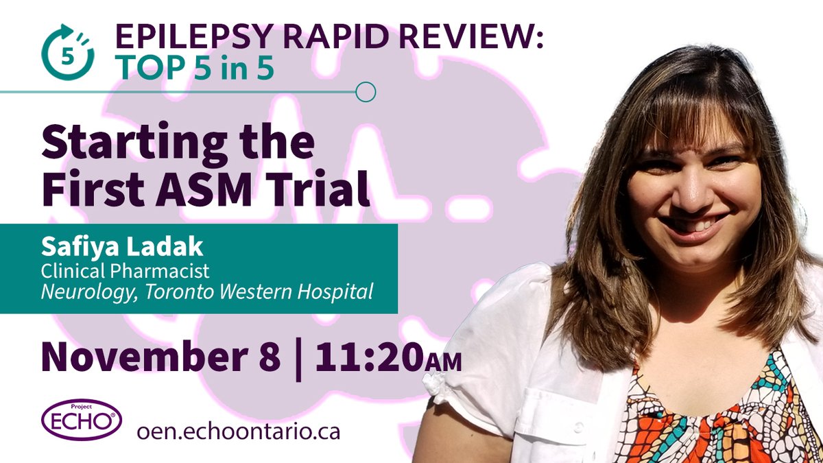 ECHO Epilepsy Ontario (@echoepilepsy) on Twitter photo Cheers to Safia Ladak, clinical pharmacist in neurology at Toronto Western/<a href="/UHN/">University Health Network</a> for speed-walking our #hcps through overview pearls on "Starting the First Anti-Seizure Medication Trial".
#EpilepsyAwarenessMonth
#EpilepsyRapidReview ⤵️
oen.echoontario.ca/epilepsy-rapid… Cheers to Safia Ladak, clinical pharmacist in neurology at Toronto Western/<a href="/UHN/">University Health Network</a> for speed-walking our #hcps through overview pearls on "Starting the First Anti-Seizure Medication Trial".
#EpilepsyAwarenessMonth
#EpilepsyRapidReview ⤵️
oen.echoontario.ca/epilepsy-rapid…