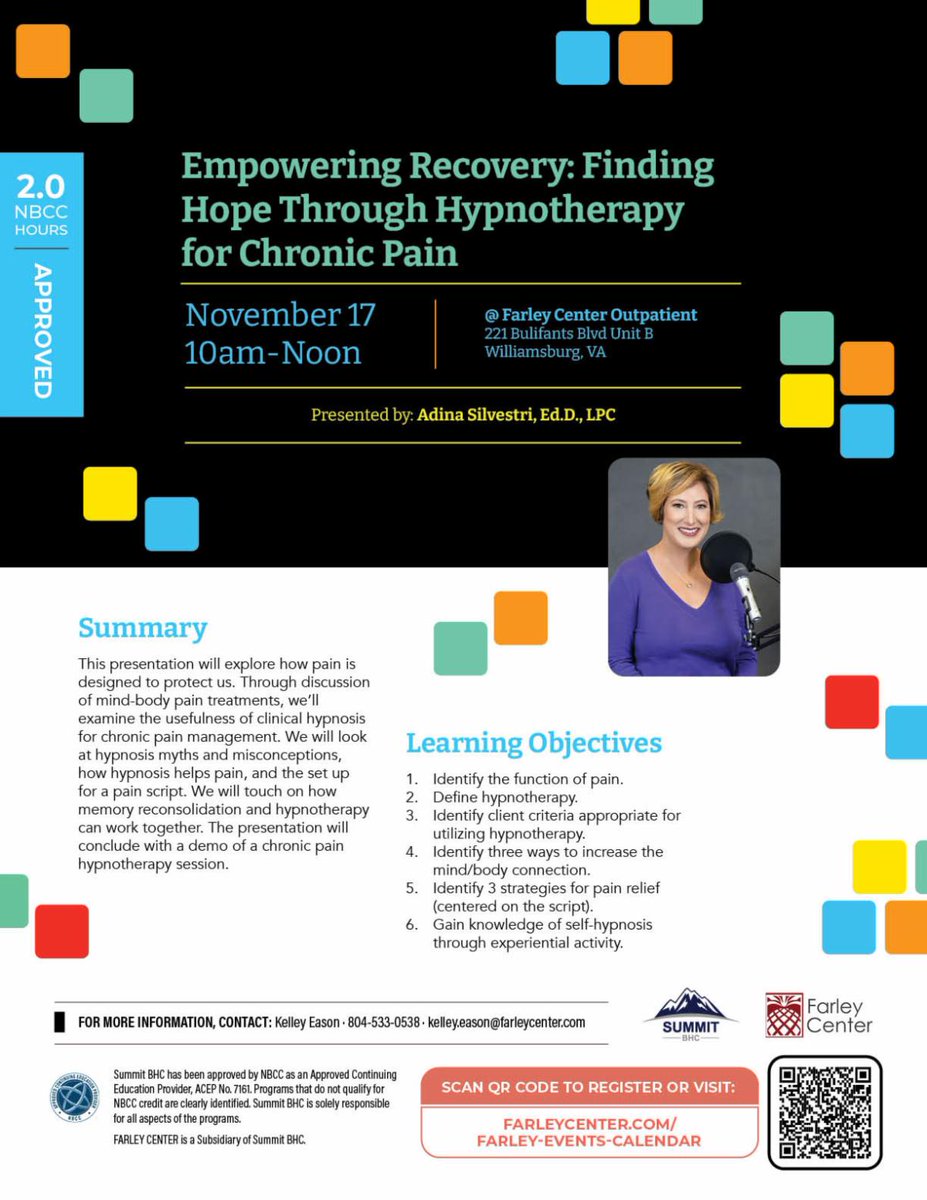 ✨Hosting a workshop: Empowering Recovery: Finding Hope Through Hypnotherapy for Chronic Pain✨ And earn 2 CE's at no cost! Hope you can join me! #addictionrecovery #hypnotherapy #speaking Register here: farleycenter.com/about-us/profe…