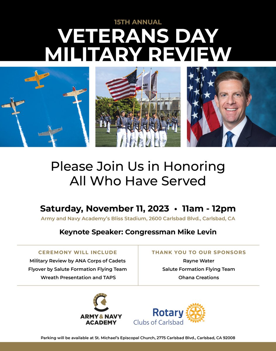 Army & Navy Academy (@armynavyacademy) on Twitter photo Please join us for our 15th Annual Veterans Day event co-sponsored by the Rotary Clubs of Carlsbad. RSVP to Marketing@ArmyandNavyAcademy.org
#veteransday #militaryacademies #carlsbadrotary @repmikelevin Please join us for our 15th Annual Veterans Day event co-sponsored by the Rotary Clubs of Carlsbad. RSVP to Marketing@ArmyandNavyAcademy.org
#veteransday #militaryacademies #carlsbadrotary @repmikelevin