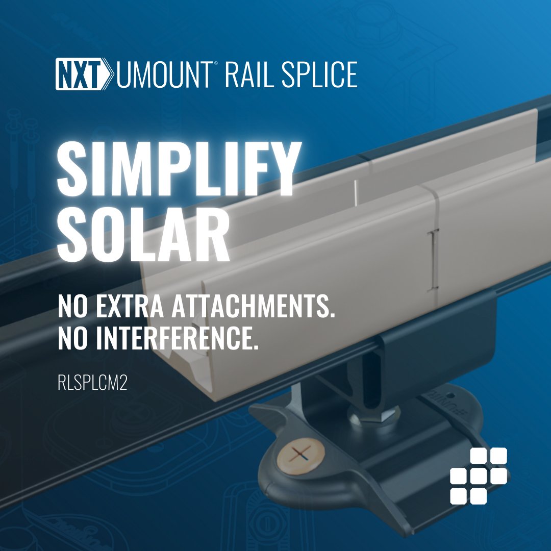 Unirac's tweet image. Check out the new Unirac NXT UMOUNT™ Rail Splice - the hassle-free solution you&apos;ve been waiting for. No extra attachments. No interference with the L-Foot or Module Clamp location.

Learn more about NXT UMOUNT™: unirac.com/product/nxt-um… 

#NXTUMOUNT #SolarSimplified