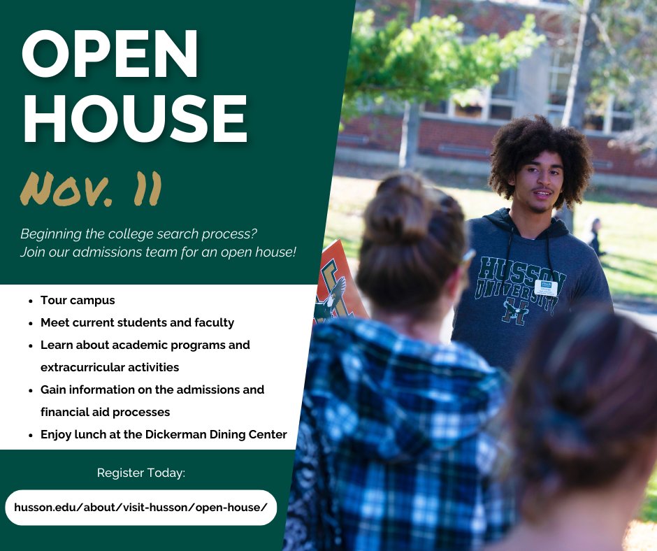 Join us Saturday, Nov. 11, for our next Open House! This is a great opportunity to learn more about our degree programs, campus life and the various clubs and athletic programs available on campus. Register today at: admissions.husson.edu/portal/ug_open…