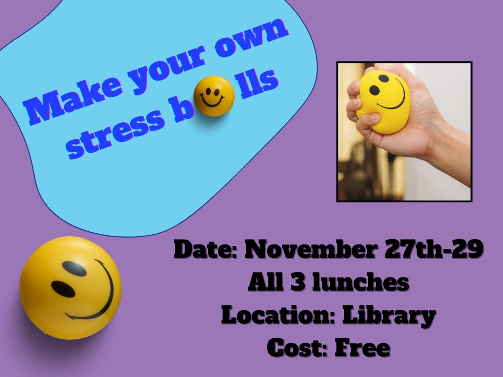 MsRacheleLaNeve's tweet image. S/O to our #LibraryTechnician Ms. Amodio for organizing an activity centered around #MentalHealth &amp;amp; #Wellness.  @StElizabeth2013 Panthers, pass by the #LLC on Nov. 27, 28, &amp;amp; 29 during all 3 lunches to make a stress ball. 
@YCDSB @WigstonJennifer @YCDSB_MH