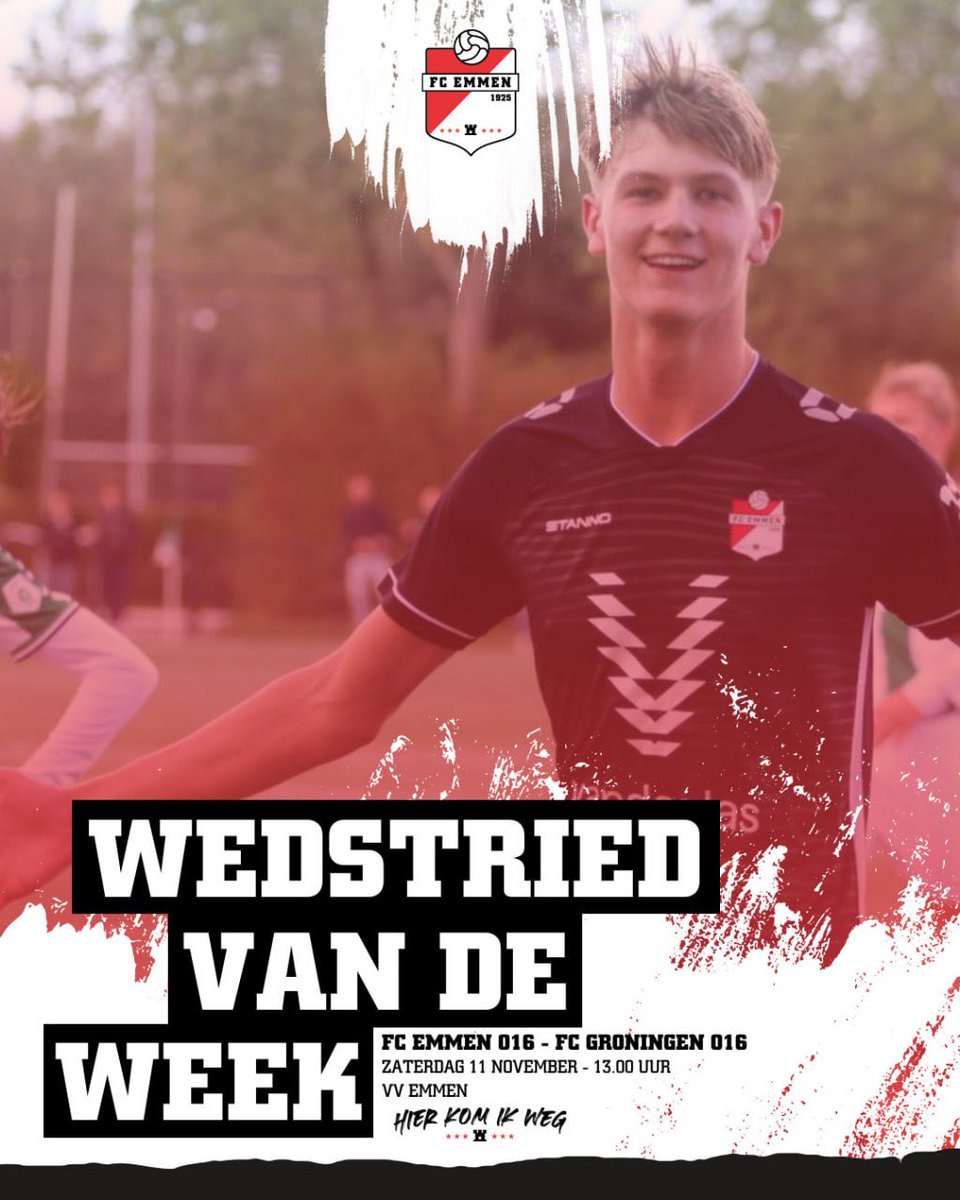 FCEmmenjeugd's tweet photo. 𝗪𝗘𝗗𝗦𝗧𝗥𝗜𝗘𝗗 𝗩𝗔𝗡 𝗗𝗘 𝗪𝗘𝗘𝗞! 🔴⚪️

FC Emmen O16 speelt zaterdag thuis tegen FC Groningen O16! ⚽️

#HIERKOMIKWEG https://t.co/vLzYcCJXDa