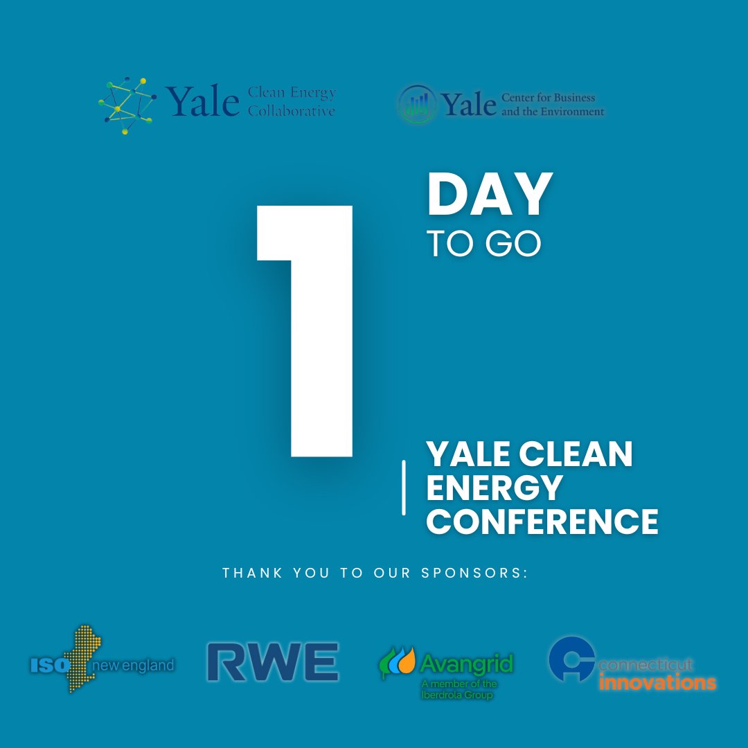 We are excited to welcome everyone to the Yale Clean Energy Conference in 1 day! A huge thank you to our Terawatt and Megawatt sponsors who have made this event possible: ISO New England, RWE, Avangrid, and CT Innovations. Learn more and register using the link in bio