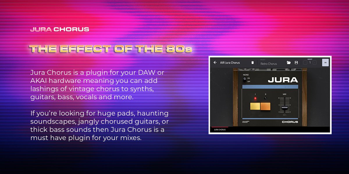 NEW from AIR Music Tech: Jura Chorus plugin! Dive into the iconic '80s stereo chorus effect that'll give your tracks the warmth and magic of the vintage era. 🎶🎧 PROMO: Only $14.99 till 30th Nov (Reg. $29.99)! 👉 thempcstore.com/mpc-plugin-ins…