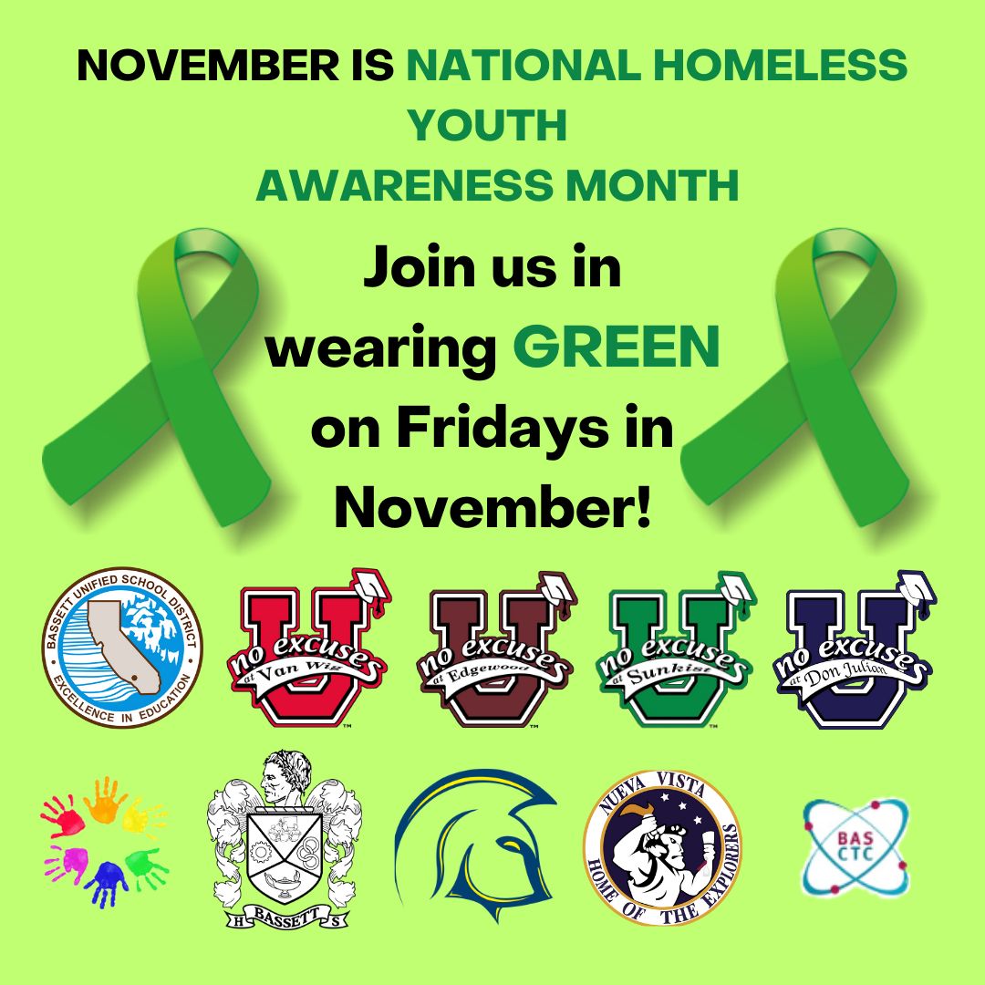 November is National Homeless Youth Awareness Month. Wear Green on Friday and get more resources for help here: bit.ly/3SuWqzR
#BUSDProud
#bhsbusd #djbusd #ewbusd #skbusd #tmsbusd #vwbusd #nvhsbusd