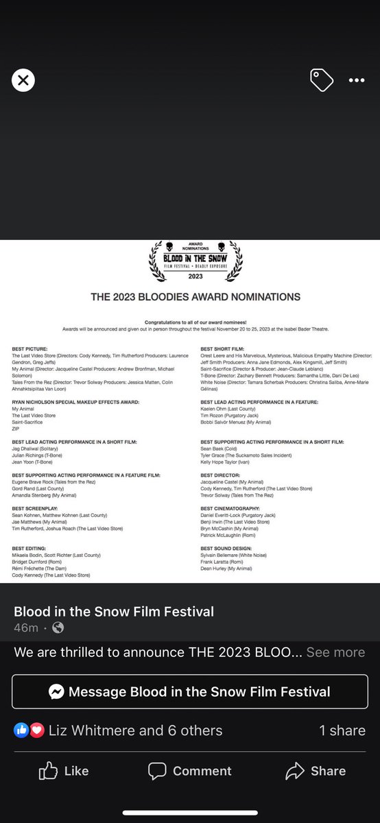 Good news! 
(For me, anyway… 😊)

🙏

#Film #IndieFilm #FilmFestival 
#BloodInTheSnowFilmFestival 

#BestSupportingActor 

#Award #Nomination #AwardNominations