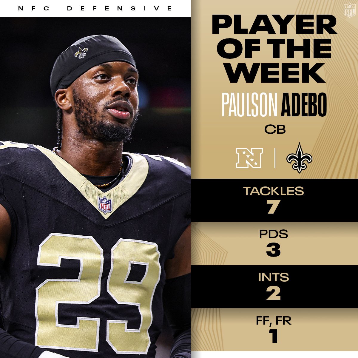 BarstoolNOLA's tweet photo. Adebo is your NFC Player of the Week! https://t.co/5jvH56aMXR