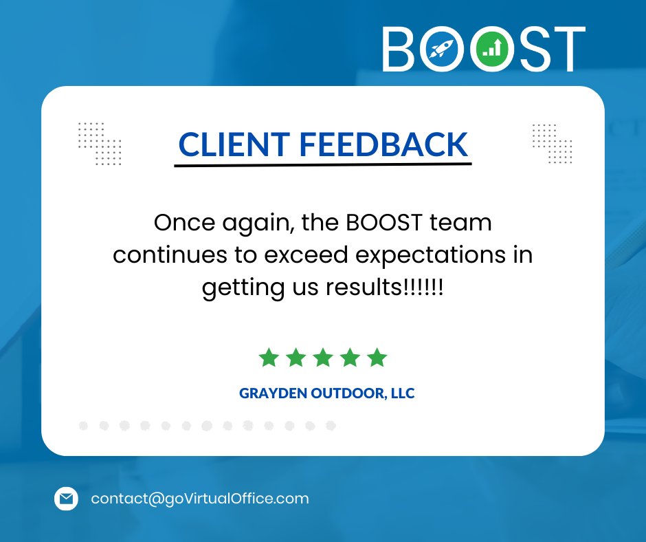 #Welldonewednesday  

Shout-out to our BOOST team for their dedication to providing excellent service to Grayden Outdoor, LLC!