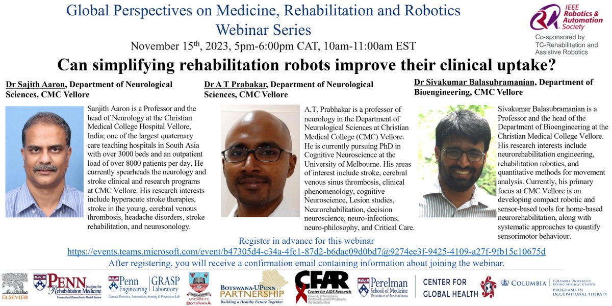 Rehab Robotics Lab (@pennrehabrobots) on Twitter photo New GPMRR seminar on November 15, 2023, at 10:00 am EST: Can simplifying rehabilitation robots improve their clinical uptake?
To register for the webinar, please see events.teams.microsoft.com/event/b47305d4… New GPMRR seminar on November 15, 2023, at 10:00 am EST: Can simplifying rehabilitation robots improve their clinical uptake?
To register for the webinar, please see events.teams.microsoft.com/event/b47305d4…