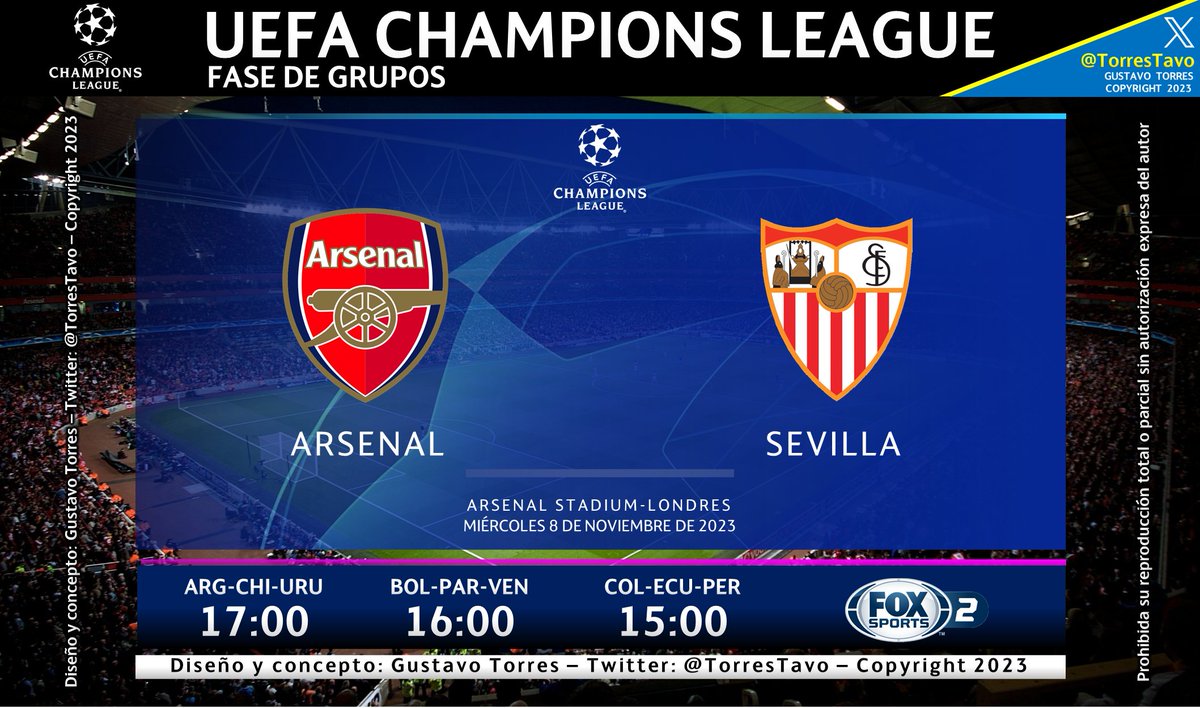 Arsenal – Sevilla
TV: Fox Sports 2
Narra: @FabiTaboadaok
Comenta: @WolffPedro
#ChampionsxFOX