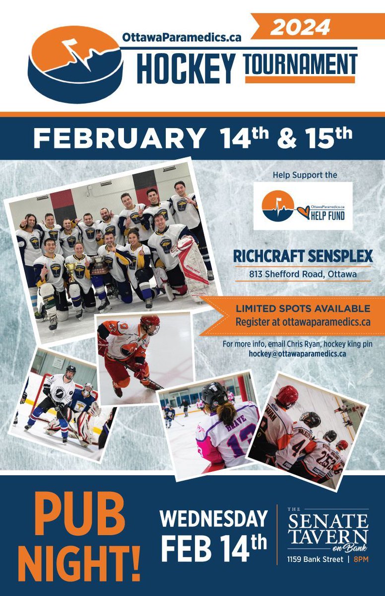 Paramedic Hockey Tournament Wed Feb 14 & Thurs Feb 15, 2024 Round Robin Format - 3 games guaranteed We rented one giant arena this year! RICHCRAFT SENSPLEX 813 Shefford Road, Ottawa, ON ottawaparamedics.ca/news-and-event…