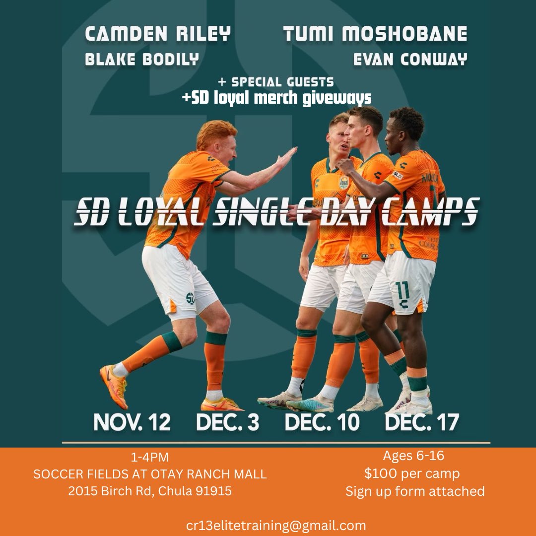 camdenriley2's tweet photo. ICYMI. Super excited to announce a SD loyal -single day-player run camp! With SD loyal merch giveaways!! On 11/12, 12/3, 12/10, and 12/17!! 

To sign up, fill out the form here: https://t.co/b7Rjn486jW

So excited to see y’all there!! And keep an eye out for special guests😉🧡💚 https://t.co/mQrt8ObX5g