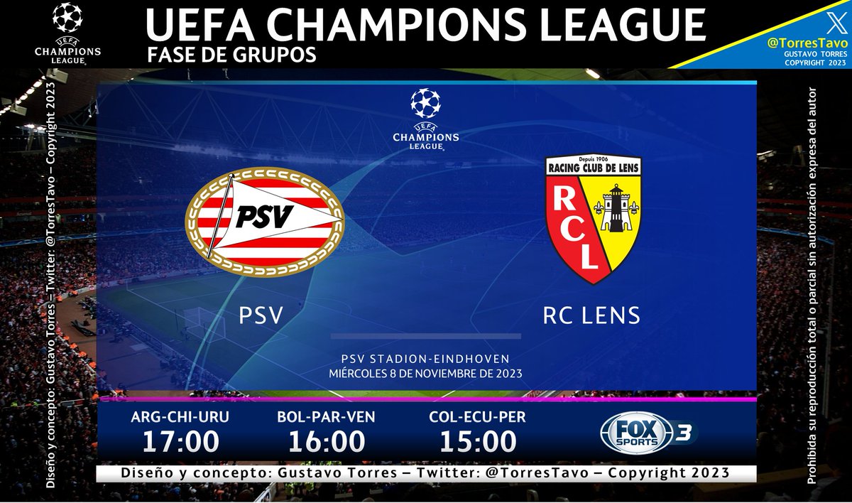 PSV – Lens
TV: Fox Sports 3
Narra: @FrancoRabaglio
Comenta: @SantiRusso
#ChampionsxFOX