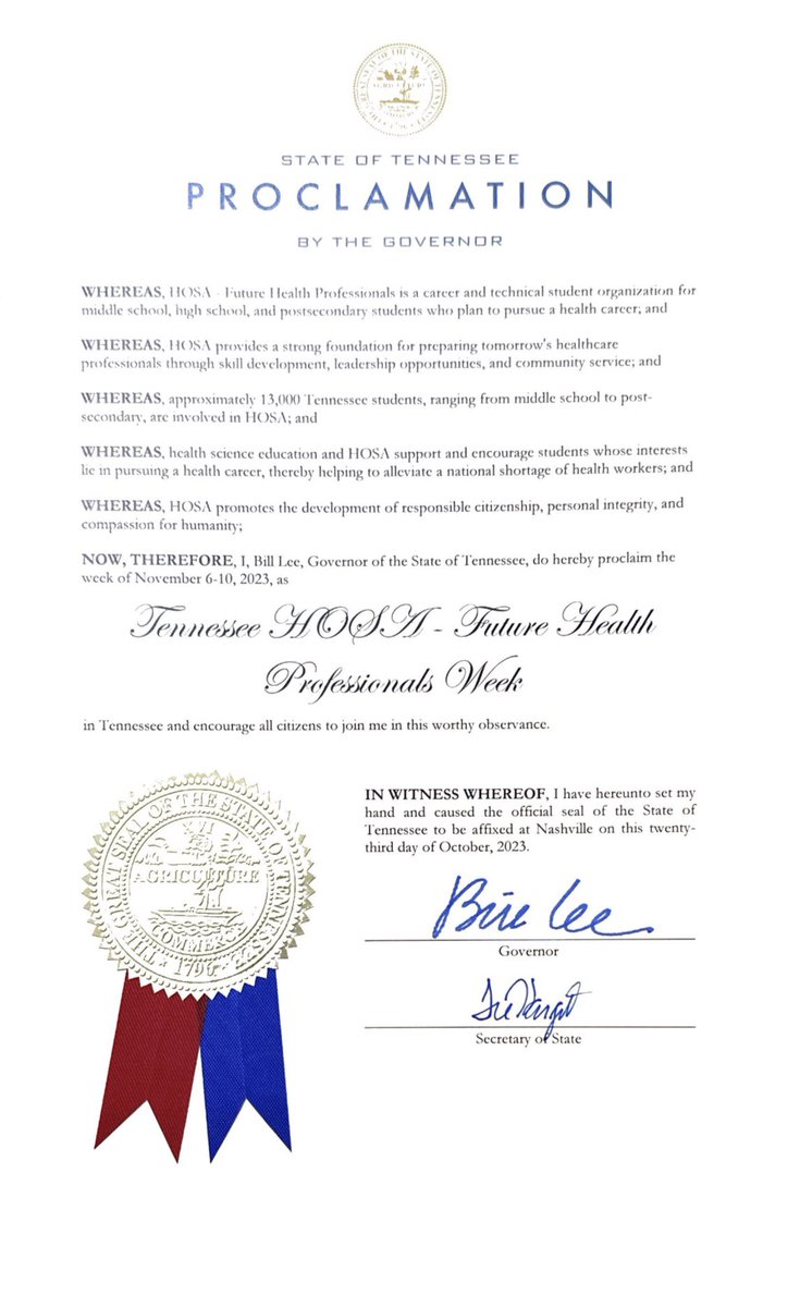 We are excited to announce that Governor Bill Lee has proclaimed November 6-10 as Tennessee HOSA- Future Health Professionals Week! We thank him for his continued support!