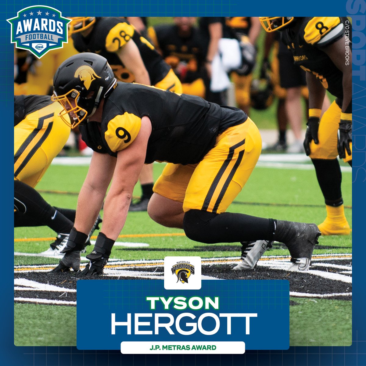 Congratulations to <a href="/WlooWarriors/">Waterloo Warriors</a> Tyson Hergott, who has been named the J.P. Metras Award recipient as the 2023 #OUA football lineman of the year. 🏈

#WeAreONE | #QuestForTheCup
