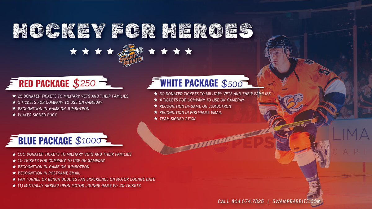 SwampRabbits's tweet photo. Give the gift hockey to local heroes by participating in our annual Hockey for Heroes Program!🇺🇸

Find out more below👇
☎️: 864-674-7825
🖥: https://t.co/DjfltK8HOf https://t.co/y4Oe7kI1Qj