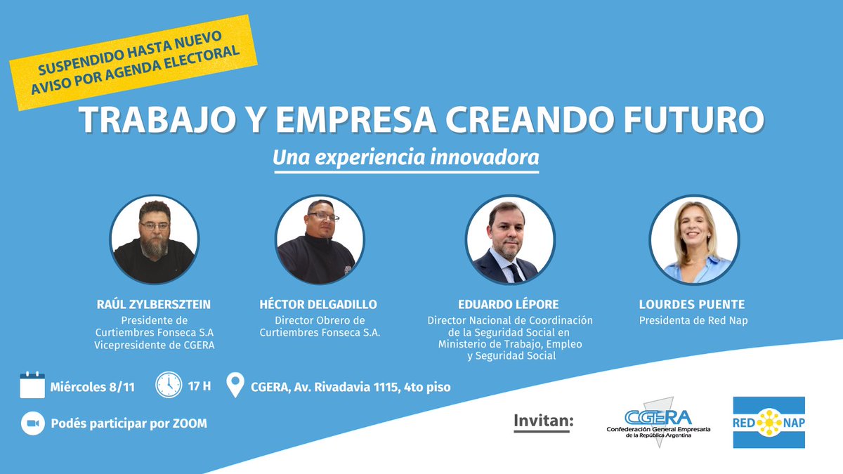 🇦🇷Se suspende el conversatorio sobre trabajo y empresa por motivos de #agendalectoral ¡Próximamente comunicaremos la nueva fecha! <a href="/mlpuente/">María Lourdes Puente</a> <a href="/raulzyl/">Raúl Zylbersztein</a> <a href="/CGERAnacional/">CGERA</a>