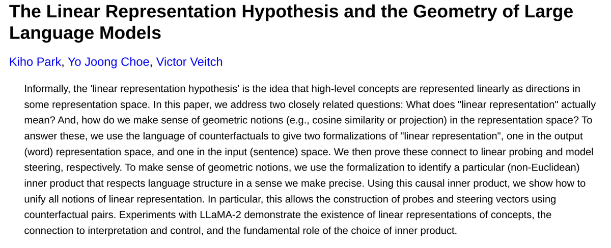 victorveitch's tweet image. There&apos;s an idea that LLMs encode high-level concepts linearly in representation space, and that these can be understood using geometric operations (e.g., cosine similarity)   

But: What does &quot;linear&quot; even mean? And, why would (Euclidean) geometry encode meaning?…
