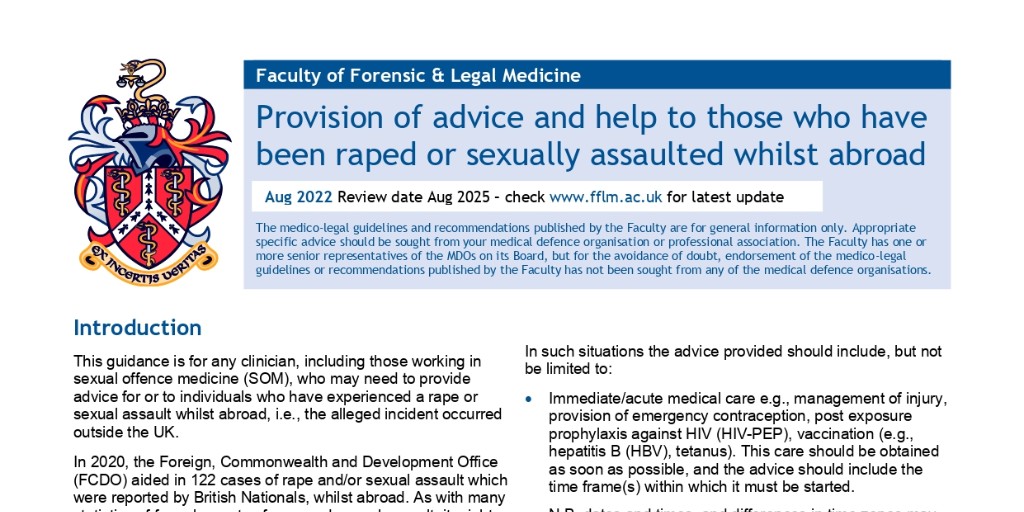 FFLMUK's tweet photo. We also have guidance for clinicians on how to support individuals who have experienced a rape or sexual assault whilst abroad. Available here: https://t.co/it6omnoHn8 #FHPweek https://t.co/kzdSp8dOXN