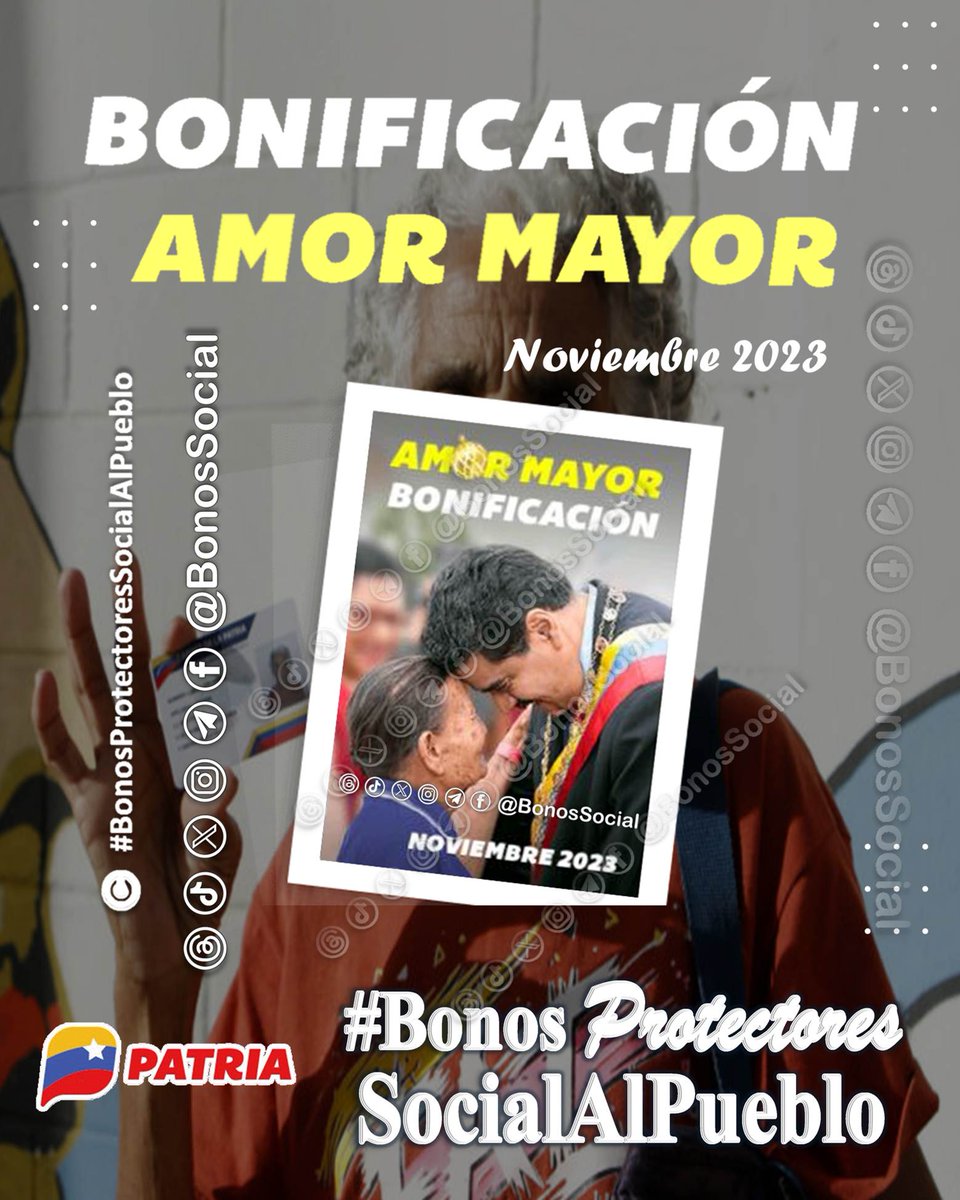 🚨 #ATENCIÓN: Inicia la entrega de Bonificación 💯% #AmorMayor a través del #SistemaPatria para los pensionados de la #PlataformaPatria enviado por nuestro Pdte. <a href="/NicolasMaduro/">Nicolás Maduro</a>

<a href="/BonosSocial/">Bonos Protectores Social Al Pueblo</a>
#UnidadNacionalPorElEsequibo