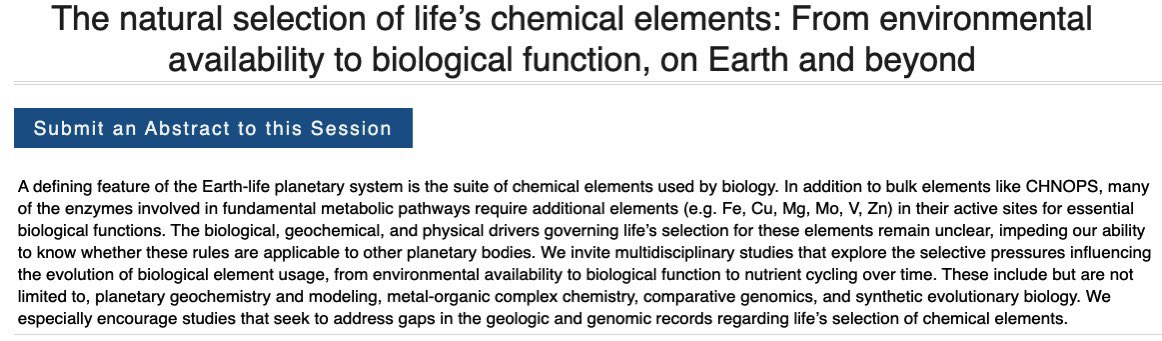 🚨Consider submitting an abstract to #AbSciCon2024 session “The natural selection of life’s chemical elements”, led by MUSE members @MorganMicro, Guy Evans, Amanda Garcia, @RicoScience and @BrZuviria! Abstracts are due January 10th, 2024 here: agu.confex.com/agu/abscicon24…