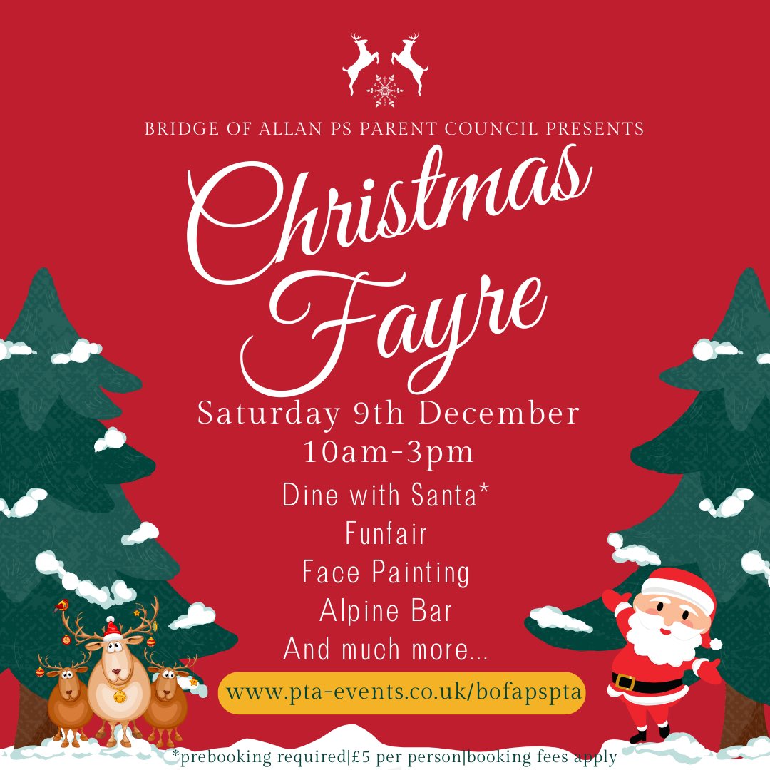 💫Christmas Fayre 2023! 💫 

🗓️ Saturday 9th December
🕙 10am - 3pm
📍School playground and hall
🎟️ FREE entry

Lots of family fun… Dine with Santa, fairground rides, face painting, Alpine Bar, pizza van, cakes &amp; treats!

#chrismasiscoming #christmasfayre