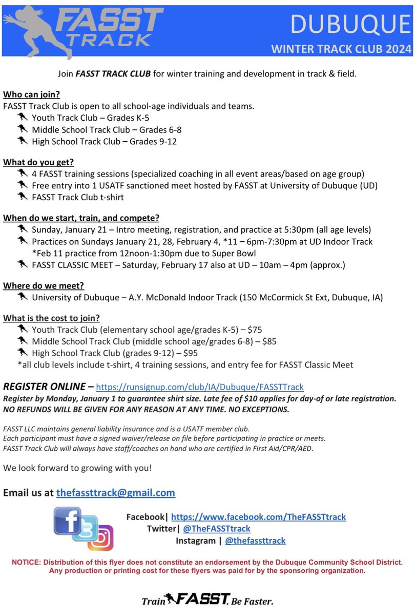 FASST Track (@thefassttrack) on Twitter photo TRACK IS BACK!
Join us again this winter for FASST Track Club here in Dubuque at <a href="/UDTFXC/">Dubuque Track & Field and Cross Country</a>!
Register here: runsignup.com/club/IA/Dubuqu…
#trackandfield #trackclub #wintertraining TRACK IS BACK!
Join us again this winter for FASST Track Club here in Dubuque at <a href="/UDTFXC/">Dubuque Track & Field and Cross Country</a>!
Register here: runsignup.com/club/IA/Dubuqu…
#trackandfield #trackclub #wintertraining