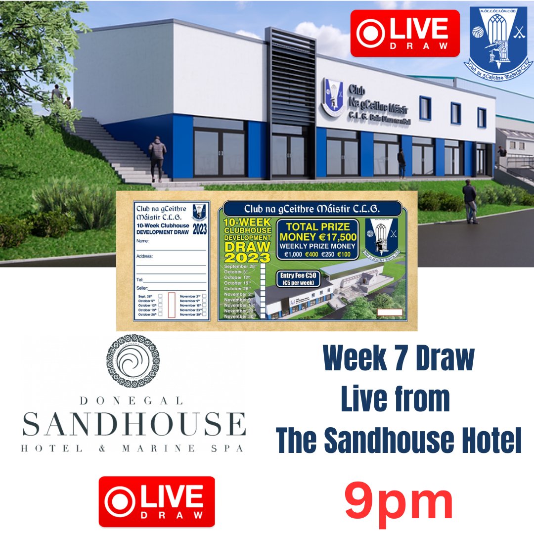 Our next draw will be on Friday this week, as we have to travel to the venue of our next Club House sponsor... join us at 9pm on Friday, live from the Sandhouse Hotel in Rossnowlagh. @SandhouseHotel